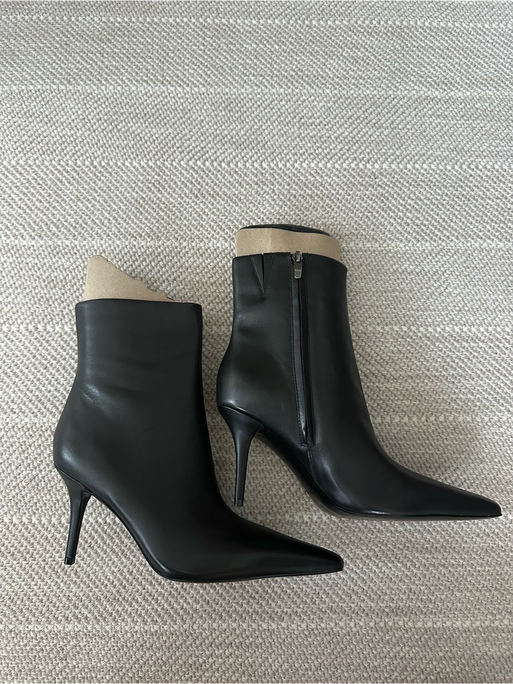 Nine West Black Pointed Toe Stiletto Ankle Boots with Tan Cuff